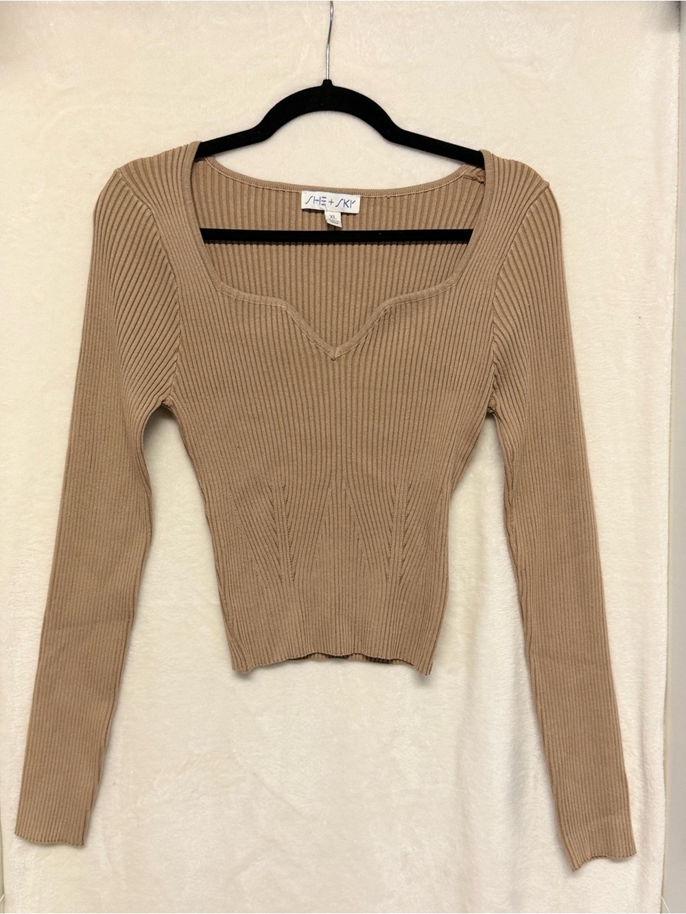 She + Sky Ribbed Long Sleeve Scoop-Neck Top in Camel